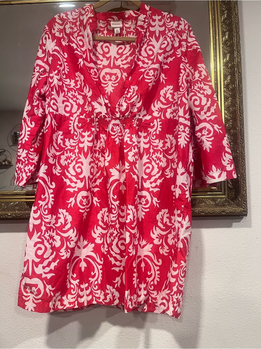 Merona bright coral/red and White Damask V-Neck Swim Cover-up